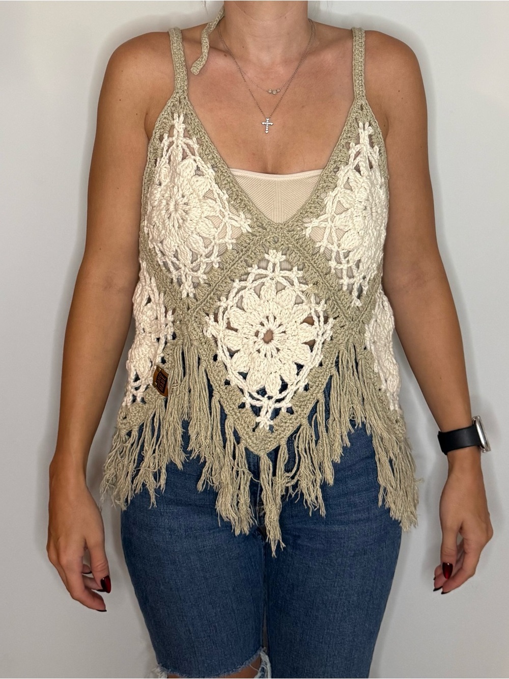 Boho Crochet Fringe V-Neck Camisole in Cream & Tan